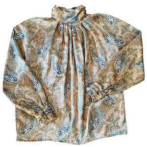 Vintage Tess Paisley Pleated Muted Pastel Long Sleeve Romantic Blouse 14